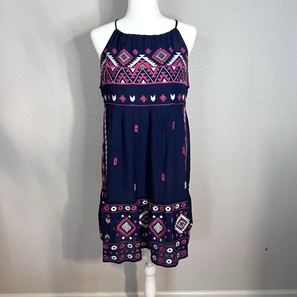 Savannah Jane Embroidered Navy Aztec Halter Boho Dress Size Medium